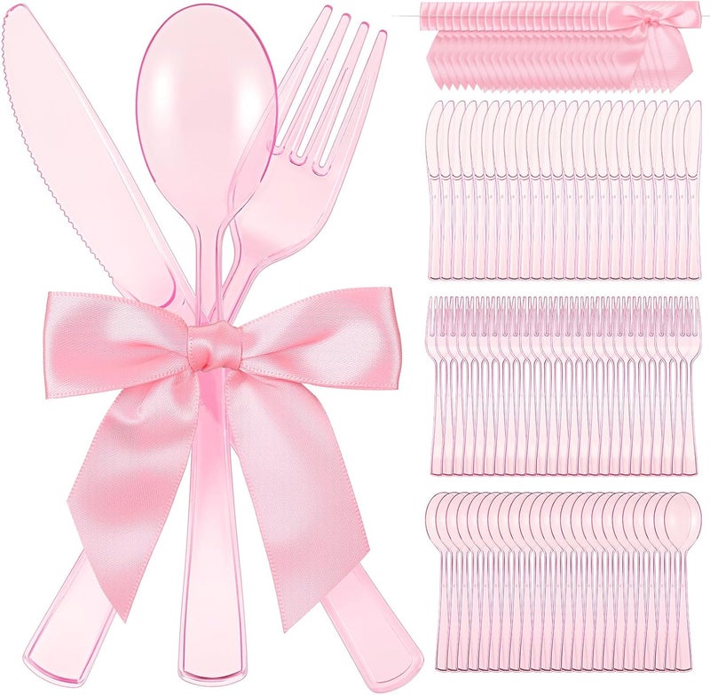 Minatee 25 Sets Pink Plastic Cutlery Set with Twist Tie Bows, Heavy Duty Tableware Disposable Pink Forks Knives and Spoons Silverware Utensils Set for Coquette Birthday Party Table Setting Picnics - Image 1
